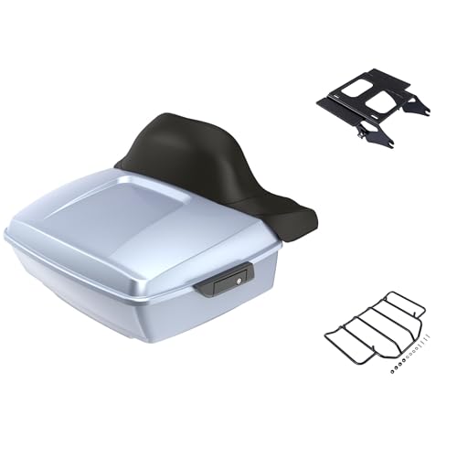 Advanblack Atlas Silver Metallic King Tour Trunk Pack, Black Mount Bracket & Top Luggage Rack Fit for 2009-Later Harley Touring, Road Glide, Street Glide Special, Road King, Electra Glide - color: Atlas Silver