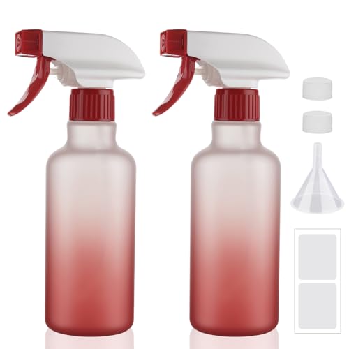 Plastic Spray Bottles 12oz 2 Pack Adjustable Mist/Stream Spraying Heavy Duty Square Water Spray Bottles for Hair, Cleaning Solutions, Plants, Essential Oils (Red) - color: Red
