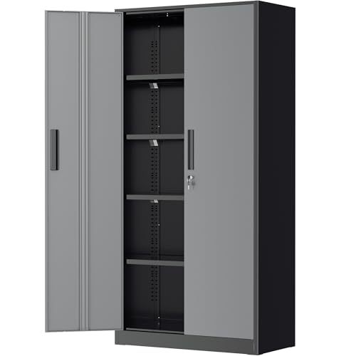 Greenvelly Metal Garage Storage Cabinet, 72" Black Gray Tool Steel Locking Cabinet with Doors and 4 Shelves, Tall Cabinets for Garage Storage Systems Lockable File Cabinet for Home Office,Garage - color: Black Grey, size: 72 inch