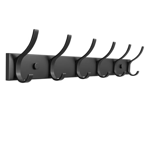 Coat Rack Wall Mount, Heavy Duty Wall Coat Hanger with 6 Coat Hooks for Entryway, Bedroom, Closet, Hanging Hats, Bags, Purses Jacket (Black)