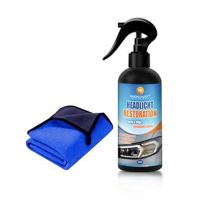 Headlight Restoration Spray with Towel – Removes Cloudiness and Oxidation – Safe for Plastic Lenses – Improve Light Output in Minutes - 180ml/6oz