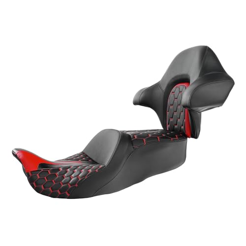 SLMOTO Gel Hammock Seat + Passenger Backrest Pad Sissy Bar Fit for Harley Touring Road King Glide Street Glide Electra Glide 2014-2023 Black Red 2 Up Rider Driver Cushion - color: Gel Style A Red Seat + Backrest