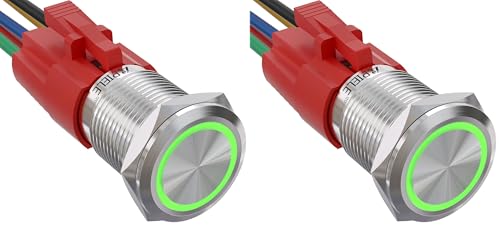 APIELE 16mm Latching Push Button Switch 12VDC On Off Stainless Steel with LED Angel Eye Head for 0.63" Mounting Hole with Wire Socket Plug Self-Locking(Green) (Pack of 2) - color: Silver Shell-Green, size: Silver Shell (Pack of 2)