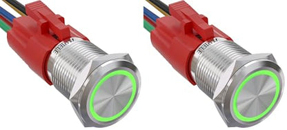 APIELE 16mm Latching Push Button Switch 12VDC On Off Stainless Steel with LED Angel Eye Head for 0.63" Mounting Hole with Wire Socket Plug Self-Locking(Green) (Pack of 2) - color: Silver Shell-Green, size: Silver Shell (Pack of 2)