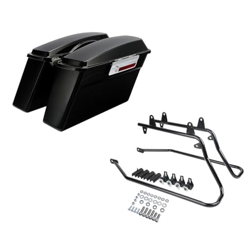 SLMOTO Vivid Black Hard Saddlebags Saddle Bags Trunk W/Black Conversion Brackets For Harley Softail Heritage Classic Deluxe 1984-2017 - color: Saddlebags Vivid Black#C+Bracktets Black