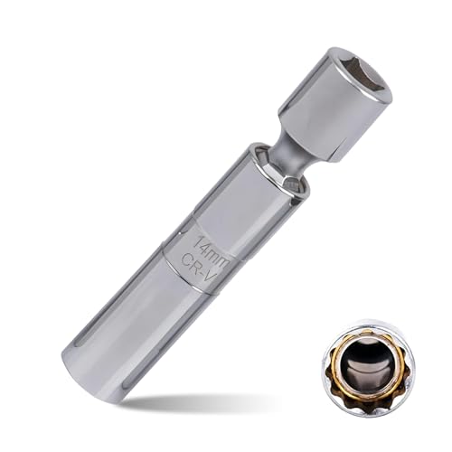 QODOLSI 1 PC Car Spark Plug Socket Ultra-Thin 14mm Wrench, 3/8" Drive 12-Point Spark Plug Socket Disassembly Tools, 360° Rotating Durable Steel Universal Joint, for Most Cars Motorcycles (Silver)