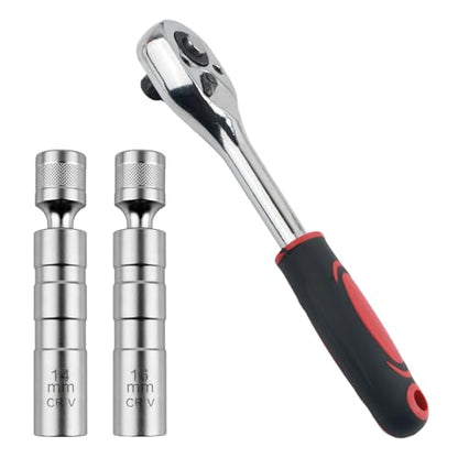 carleef 16mm+14mm Spark Plug Socket with 3/8" Ratchet Wrench,Magnetic Spark Plug Socket Set with 360° Rotation & 12-Point Thin Wall Design,Essential Sparks Plugs Removal Tool Kit