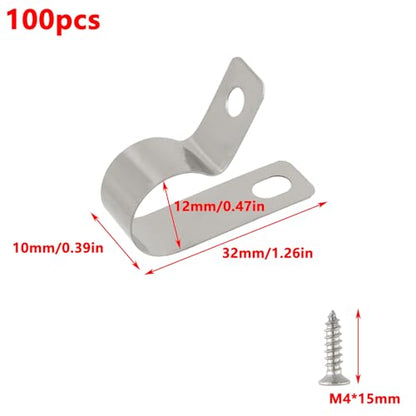 Antrader Stainless Steel Wire Fence Clips,Fencing Mounting Clips,100Pcs | Agricultural Fencing Fence Wire Clamps with Screws, - color: Silver Tone, size: 0.47 Inch