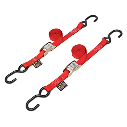 1in x 5.5ft Cam Buckle Tie-Downs w/ S-Hooks - 400 lb. WLL / 1,200 lb. Breaking Strength - Made in USA - Black (Pair) - color: Red Strap