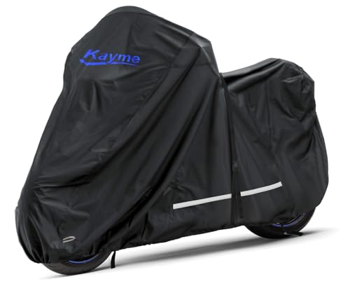 Kayme 300D Motorcycle Cover Waterproof Outdoor, Rain Dust Resistant Motorbike Protective Tarp with Lock Hole All Season, Universal Fit Harley Davidson, Indian, BMW Cruiser Touring, Length 108 inch. - color: black, size: SIZE XL- L108 x W42 x H49 inches