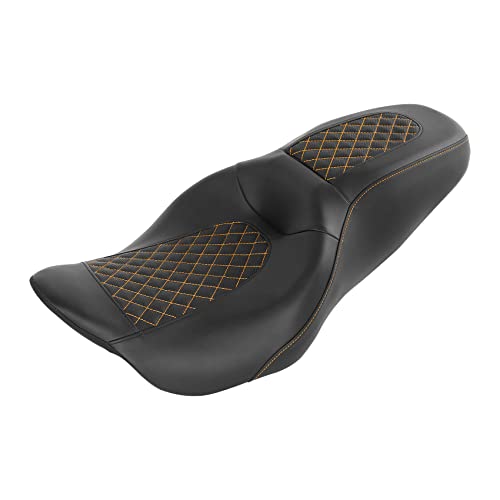 C.C. RIDER Leather Rear Passenger Seat - For Harley Touring Road King Street Glide Electra Glide Road Glide 2009-2023 Black Orange - color: Seat-01 Orange Stitching
