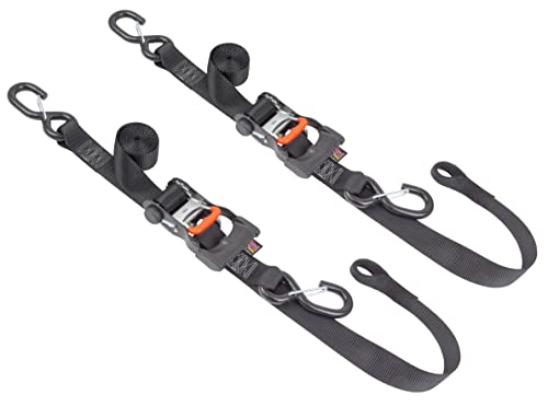 PowerTye 1.5in x 6.5ft Ergonomic Locking Ratchet Soft-Tye Straps with Heavy-Duty Latch Hooks - Made in USA - 1,000 lb. Working Load Limit / 3,000 lb. Breaking Strength - Black/Black (Pair) - color: Black/Black