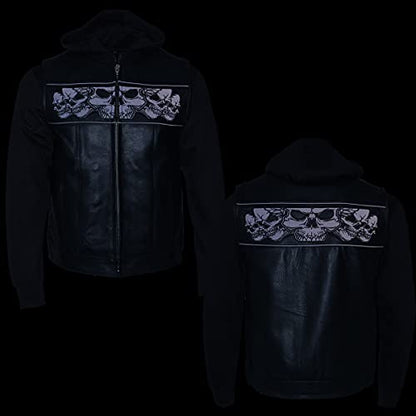 Milwaukee Leather MLM3563 Men's Leather Vest w/Removeable Hoodie - Black 2 in 1 Reflective Skulls Motorcycle Vest - Medium - size: Medium