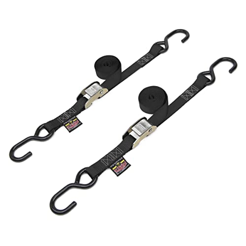 1in x 5.5ft Cam Buckle Tie-Downs w/S-Hooks - 400 lb. WLL / 1,200 lb. Breaking Strength - Made in USA - Black (Pair) - color: Black Strap