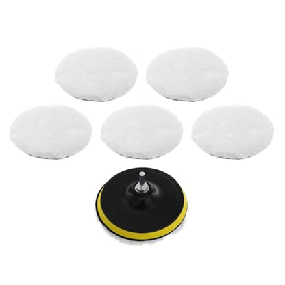 Polishing Buffing Pads and Drill Buffer Adapter Attachment White Wool with Hook and Loop Design for Car and Boat Polishing and Waxing Applications