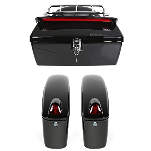 ECOTRIC Black Universal Hard Saddle Bag Trunk Tail Box w/Top Rack & Backrest & Tail Light Compatible with Yamaha Cruiser - color: Black, size: Trunk 50L & Saddlebags 35L