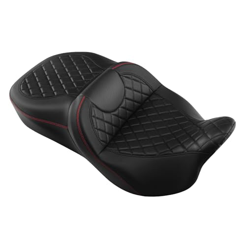 C.C. RIDER 2 Up Driver Rider&Passenger Seat fit for Harley Touring Road King Street Glide Road Glide Electra Glide 2009-2023 - color: 04# Seat Black+Red Stitching