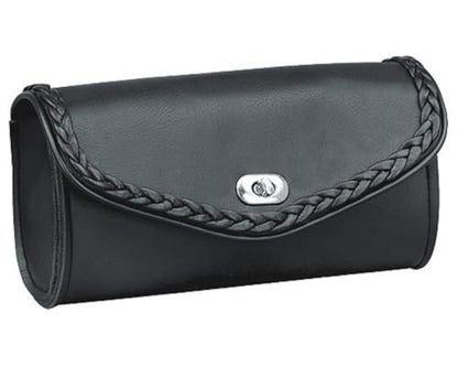 The Nekid Cow Motorcycle Windshield Bag with Braiding and Strong Closure - Classic Black Premium PVC Synthetic Leather - 10" Reinforced (Twist Lock)