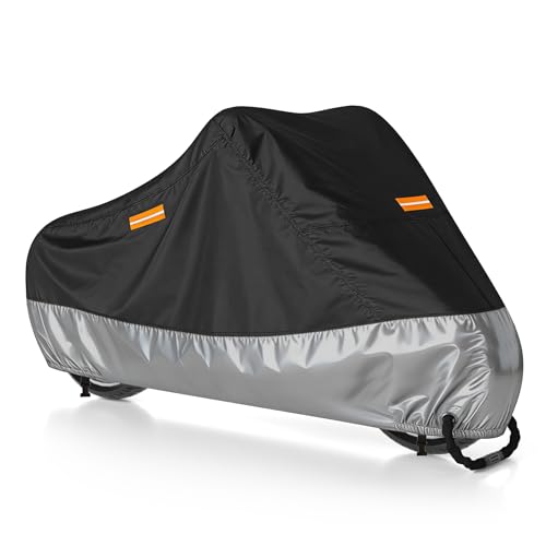 300D Motorcycle Cover Waterproof Outdoor, 108 inch Fits for Large Cruiser, Mid-Size Touring, Harley Davidson Street Glide, Road Glide, Softail Standard/Slim, Heritage Classic, Black Silver - size: 108"