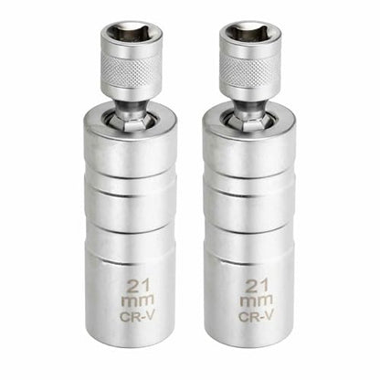 HARFINGTON 2pcs Spark Plug Socket Set 3/8" Drive 21mm Swivel Magnetic 12 Point Thin Wall Spark Plug Socket with 360 Degree Swivel CR-V Steel, Silver - size: 21mm