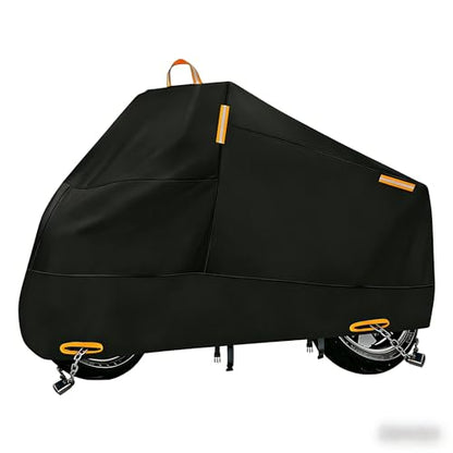 Motorcycle Cover Waterproof Outdoor Storage with Lock-Holes, Zipper Storage Bag & Night Reflective Design, All Season Protection Powersports Vehicle Covers Fits up to 86.5" Motorcycles