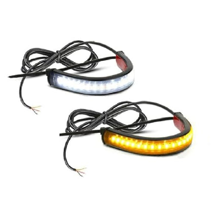 Motorcycle LED Turn Signal Light, 2PCS Switchback Fork Turn Signal DRL Daytime Running Lights, 12V Universal Wrap Around Mount LED Light Dual-Color (White + Amber)