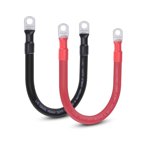 1/0 AWG Flexible Battery Cable with 3/8" Terminals - OFC Pure Copper Inverter & Welding Wire for Automotive Solar RV Motorcycle (Red + Black 1FT Pair) - color: 1 FT Black + 1 FT Red, size: 1/0AWG 3/8"