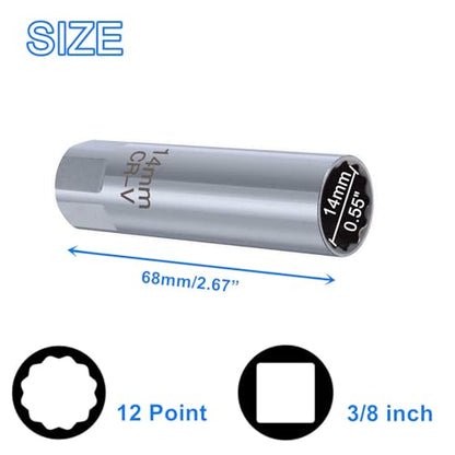 14mm 12 Point Spark Plug Removal Tool ，Thin Wall 3/8" Spark Plug Socket Removal Tool Compatible with BMW Mini Motorcycle, Car, SUV, Mercedes, Nissan, Peugeot