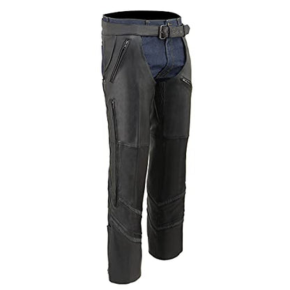 Milwaukee Leather ML1144 Men's Black Premium Leather Vented Motorcycle Rider Chaps w/Reflective Piping - size: X-Small