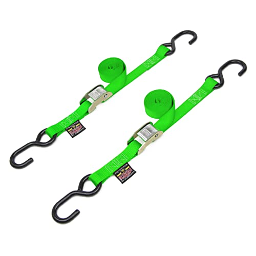PowerTye 1in x 5.5ft Cam Buckle Tie-Downs w/S-Hooks - 400 lb. WLL / 1,200 lb. Breaking Strength - Made in USA - Green (Pair) - color: Green