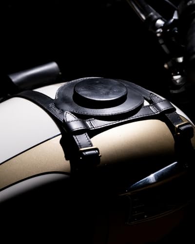 Trip Machine Company Genuine Leather Motorcycle Fuel Tank Strap – Heavy Duty Adjustable Horizontal Tank Mount Cover for Right Side Fuel Inlet Bikes (Only Tank Strap, Black) - color: Black, style: Only Tank STrap
