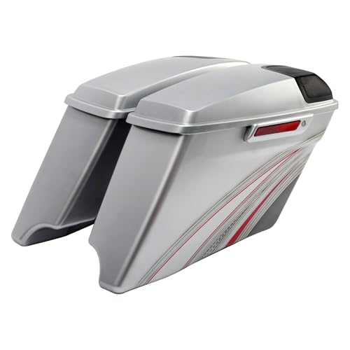 HR3 Custom 4" Stretched Hard Saddlebags w/Speaker Lids Compatible with 2014-later Harley Touring Road King Road Glide Street Glide Ultra Limited FLHT (Candy Red/Silver Honeycomb Fade) - color: Custom- Candy Red / Silver Honeycomb Fade
