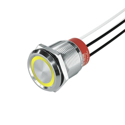 22mm Latching PushButton Switch, IP67 Waterproof Momentary/Latching Stainless Steel Flat Round Switch with Pre-Wired 20AWG, 10A 250VAC 5A 28VDC, 12V-24V LED Ring (Latching, Yellow) - color: Yellow