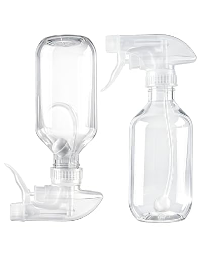 2 Pack 360° Spray Bottles, 10 oz Plastic Small Containers with Adjustable Spray Nozzles, Spray Bottles for Hair, Cleaning Solutions, BBQ and Plants Clear - color: Clear, size: 10 Ounces