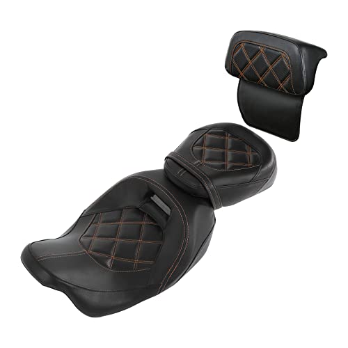 SLMOTO Motorcycle Seat with Razor Chopped Tour Trunk Backrest Pad Fit for Harley Davidson Touring Road King Street Glide Road Glide Tri-Glide 2009-2020 Trike 2010-2023 CVO Custom Bikes, Brown - color: Black Orange + Passenger Backrest Pad#106