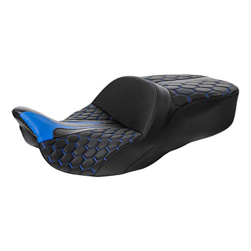 C.C.Rider Leather Driver Passenger Seat - Bagger Comb Strapped 2-Up One-Piece fit for Harley Touring Road King FLHR Street Glide FLHX Road Glide FLTRX Electra Glide FLHT 2009-2023, Black+Blue - color: Black+Blue
