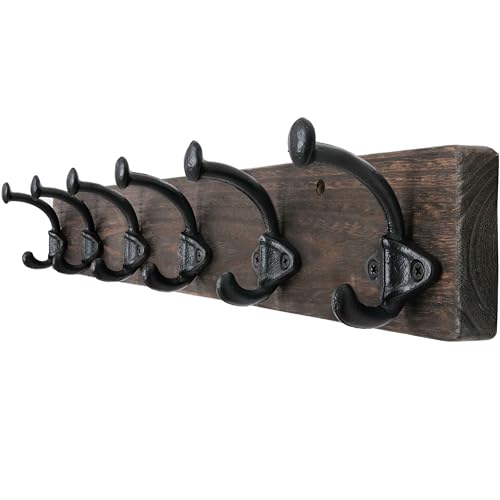 WEBI Rustic Coat Rack Wall Mount,24" Long 6 Cast Iron Coat Hooks Wall Mounted,Heavy Duty Farmhouse Wood Coat Hanger Wall Antique Vintage Hooks for Hanging Jacket,Clothes,Backpack,Weathered Brown - color: Weathered Brown, size: 24 Inch