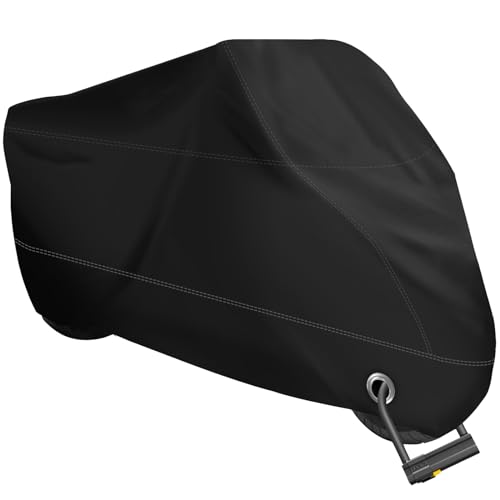 XYZCTEM Motorcycle Cover -Waterproof Outdoor Storage Bag,Made of Heavy Duty Material, Fits up to 116" All Motors(Black& Lockholes& Professional Windproof Strap) - color: Black, size: 116"