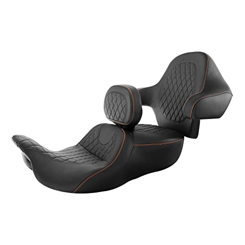 C.C. RIDER Seat & Rider Backrest & Passenger Backrest Pad Diamond 2-Up One-Piece Sissy Bar fit for Harley Touring Road King FLHR Street Glide FLHX Road Glide FLTRX 2014-2023 - color: 04# Brown+ Rider/ Passenger Backrests