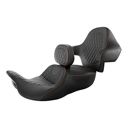C.C. RIDER Seat & Rider Backrest & Passenger Backrest Pad Diamond 2-Up One-Piece Sissy Bar fit for Harley Touring Road King FLHR Street Glide FLHX Road Glide FLTRX 2014-2023 - color: 04# Brown+ Rider/ Passenger Backrests