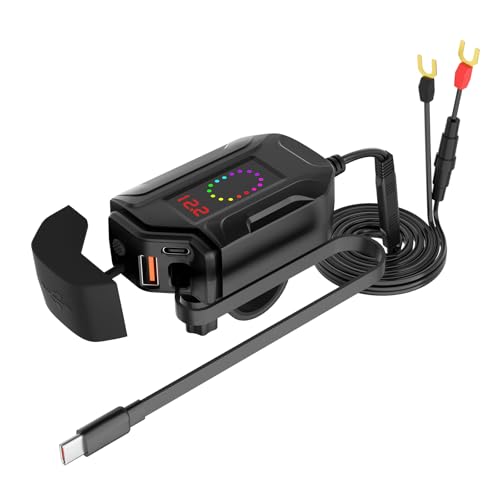 Motorcycle USB Type C 12V Voltage Meter, Independent Switch, SAE Inline 10A Fuse, Waterproof, 6.8A QC3.0 Quick Charge for 7/8" Handlebar Compatible with Phone and Tablet