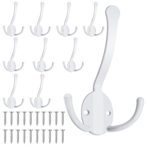 Homanu 10 Pack Coat Hooks Heavy Duty, Metal Three Prongs Large Coat Hooks Wall Mounted with 20 Screws, No Rust White Rustic Wall Hooks for Hanging Towel, Coat, Scarf, Bag, Hat, Cup, Key - color: 10 Pcs White