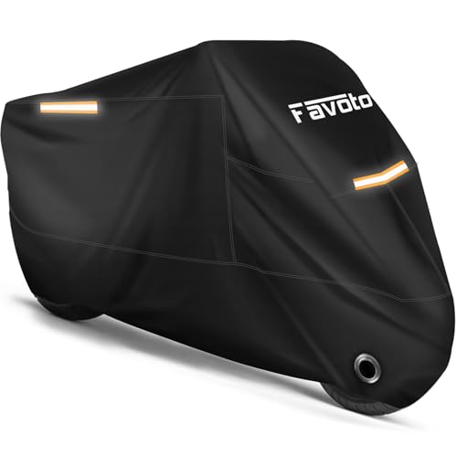 Favoto Motorcycle Cover Waterproof Outdoor Motorcycle Cover Heavy Duty All Weather Rain Sun UV Protection with Lock-Holes Motorcycle Tarp with Night Reflective Strips ＆ Storage Bag Fits up to 96.5" - color: Black, size: 96.5"