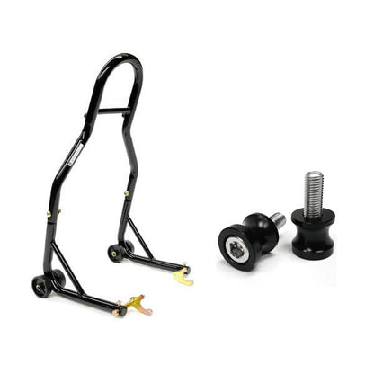 Venom Sport Bike Motorcycle Rear Wheel Swingarm Spool Lift Stand + Low Profile 10mm Black Swingarm Spools (Compatible with Most Kawasaki Bikes)