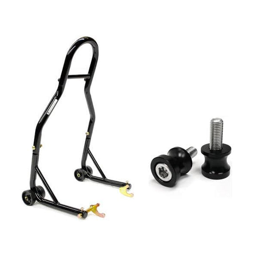 Venom Sport Bike Motorcycle Rear Wheel Swingarm Spool Lift Stand + Low Profile 10mm Black Swingarm Spools (Compatible with Most Kawasaki Bikes)