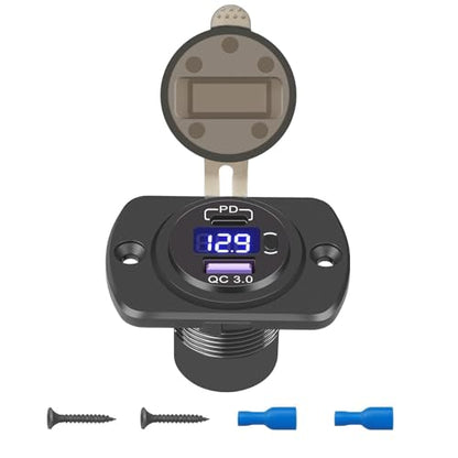 Linkstyle 12V USB Outlet, 30W PD Port & 18W QC3.0 USB A Port Charger Socket with Button & LED Voltmeter for Car Boat Motorcycle RV