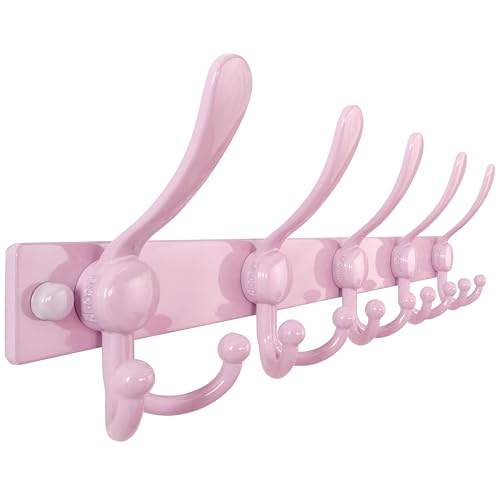 Dseap Coat Rack Wall Mount, Heavy Duty 12-Gauge Base vs Flimsy 1mm, Double-Thick Solid Anti-Snap Hooks, 16” Stud-Mount, Stainless Steel Hanger for Clothes Hat Entryway Closet Mudroom, Pink - color: Pink, size: L=17" (1pcs)