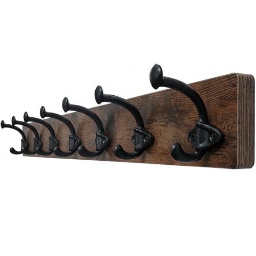 WEBI Rustic Coat Rack Wall Mount,30" Long 7 Cast Iron Coat Hooks Wall Mounted,Heavy Duty Farmhouse Wood Coat Hanger Wall Antique Vintage Hooks for Hanging Jacket,Clothes,Backpack,Rustic Brown - color: Rustic Brown, size: 30 Inch