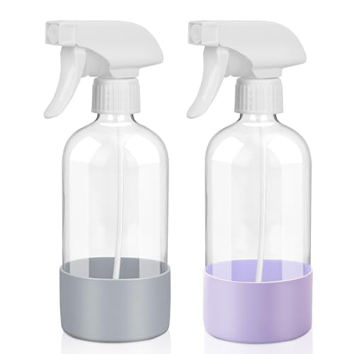 UUJOLY Plastic Spray Bottle Trigger Empty Spray Bottles Clear Refillable Container for Water, Essential Oils, Hair, Cleaning Products, Adjustable Head Sprayer and Stream, Purle + Dark Grey - color: Purle + Dark Grey, size: 2 Pack/500ml