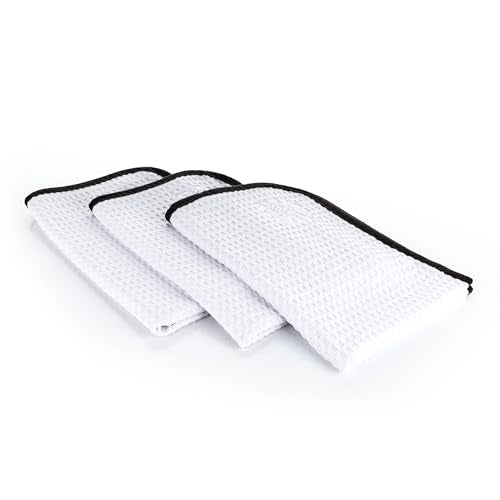 The Rag Company - Dry Me A River, Professional Korean 70/30 Blend Microfiber Waffle-Weave Drying & Detailing Towels, Soft Suede Edges, 390 GSM, 16x24 Inches, White, 3-Pack - color: White, size: 16in x 24in